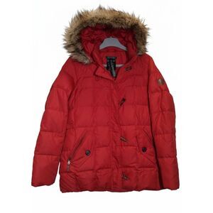 Ralph Lauren womens medium red down puffer coat hoodie winter jacket fur